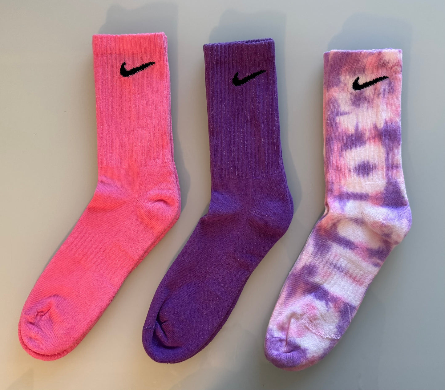 Cotton Cloud 3-Pack – Pink & Lavender Tie-Dye Nike Socks | Pastel Crew Socks | Gift Set