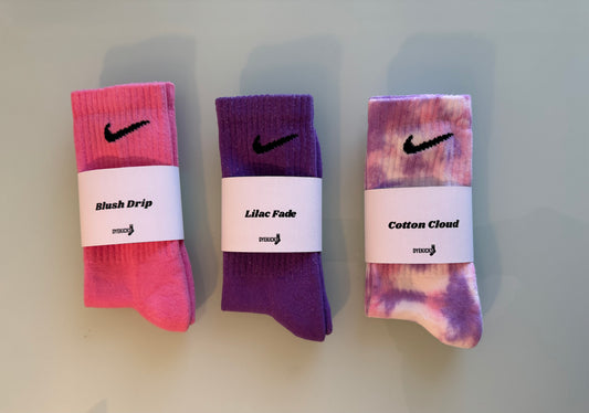 Cotton Cloud 3-Pack – Pink & Lavender Tie-Dye Nike Socks | Pastel Crew Socks | Gift Set